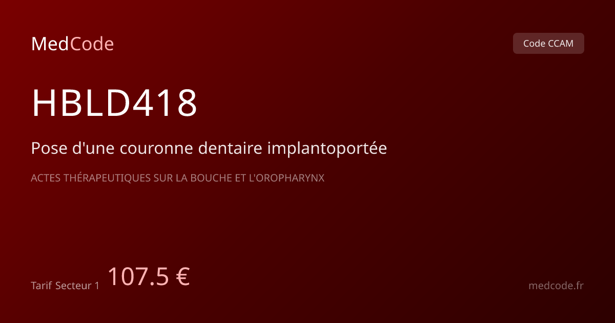 Code CCAM HBLD418 : Pose d'une couronne…, tarif 107.50 € | MedCode