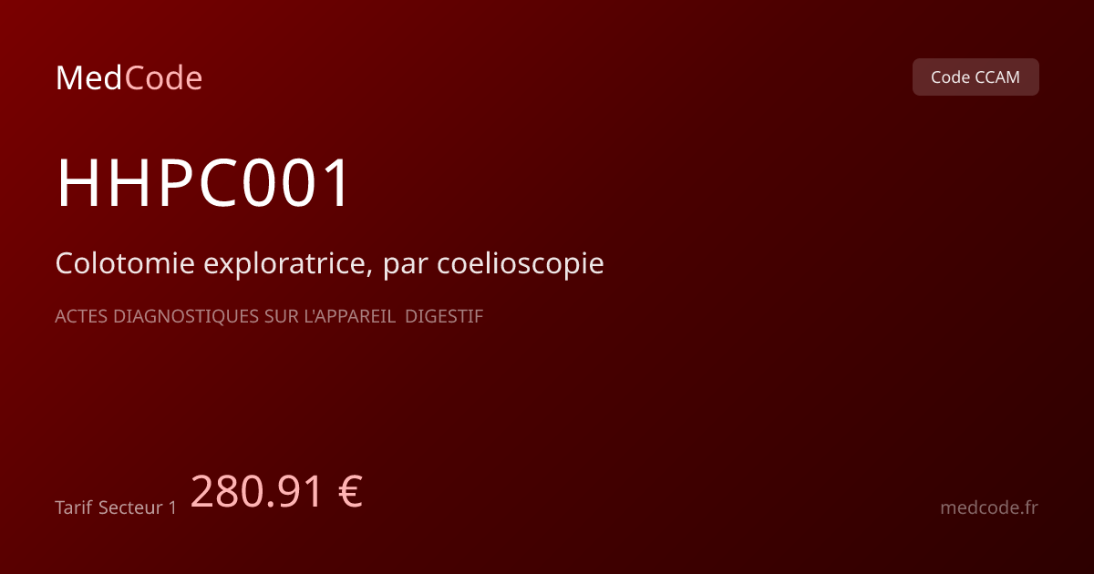 Code CCAM HHPC001 : Colotomie exploratrice,…, tarif 280.91 € | MedCode