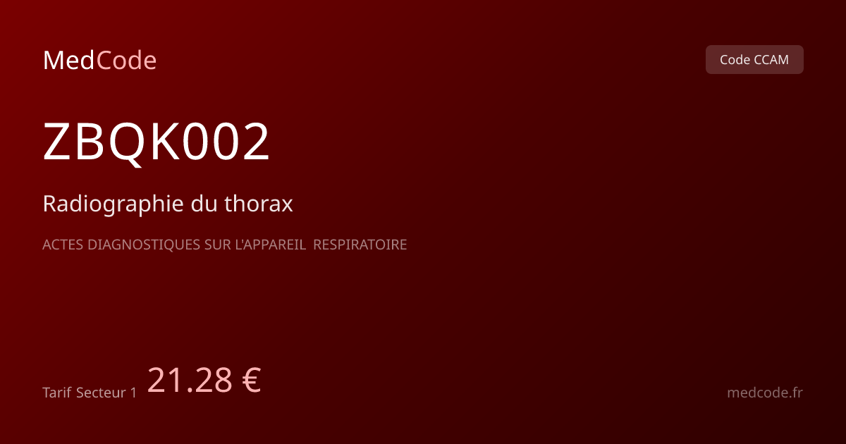 Code CCAM ZBQK002 : Radiographie du thorax, tarif 21.28 € | MedCode