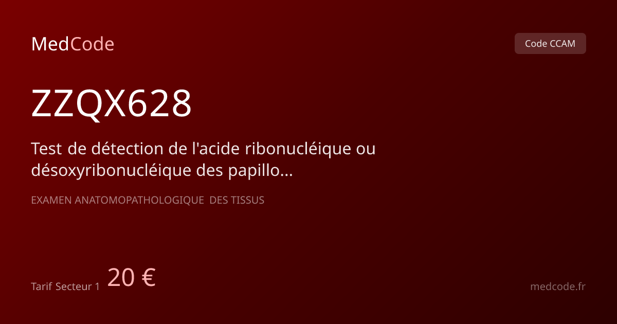 Code CCAM ZZQX628 : Test de détection de…, tarif 20.00 € | MedCode